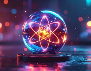 Glowing atom model inside a glass sphere with a dark base, bokeh background
