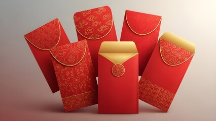 A vibrant collection of red envelopes with elegant gold patterns, traditionally used for giving monetary gifts during Chinese New Year celebrations. The image features various designs and textures, h