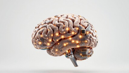Human brain with integrated circuitry and glowing nodes
