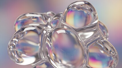 Iridescent Fluid Cluster: A mesmerizing display of transparent liquid with rainbow reflections