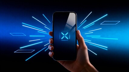 Hand holding smartphone with glowing lines