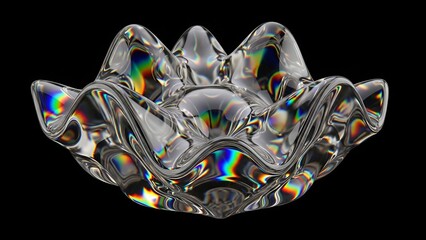 Iridescent glass sculpture with vibrant color dispersion on stark black background