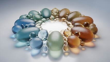 Iridescent spheres and ovals arranged in a circular gradient on reflective surface