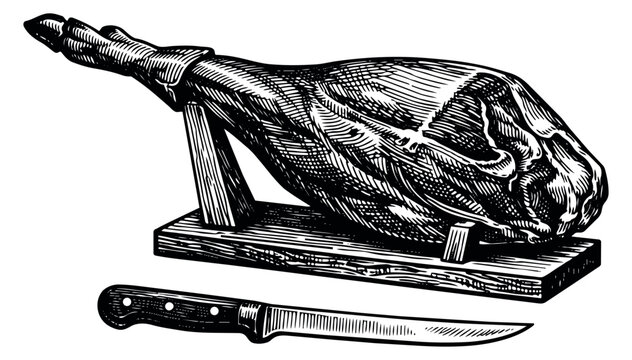 Hand drawn line art illustration of a whole ham on a stand with a knife depicting traditional carving preparation for gourmet cuisine