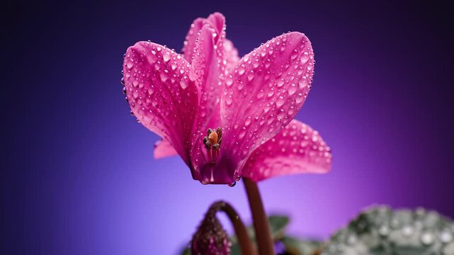 Close Up of a Blooming Cyclamen Flower With Water Droplets