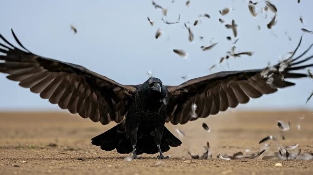 Black crow with outstretched wings on sandy ground under cloudy sky
