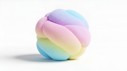 Pastel rainbow knotted sphere softly illuminated against a minimalist white backdrop