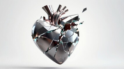 Shattered metallic heart with reflective fragments