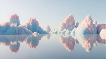Pastel mountains reflected in tranquil waters, creating a serene and dreamlike landscape
