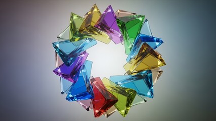 Refractive polygon wreath of assorted colored glass, digital art composition of multifaceted
