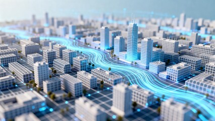 Miniature city with glowing pathways