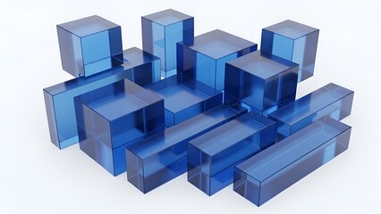 Translucent blue blocks offer a modern design with geometric forms on white backdrop