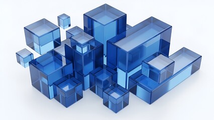 Translucent blue crystal cubes with light reflection arranged in geometric composition