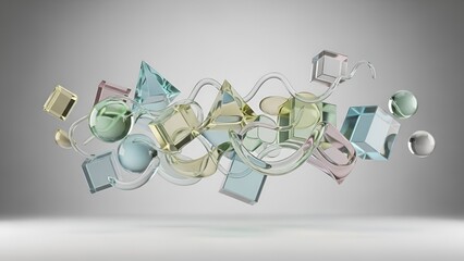 Translucent geometric forms hovering gracefully in a delicate pastel palette with reflections on