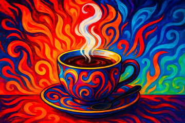 Vibrant coffee cup illustration with fiery orange and red patterns