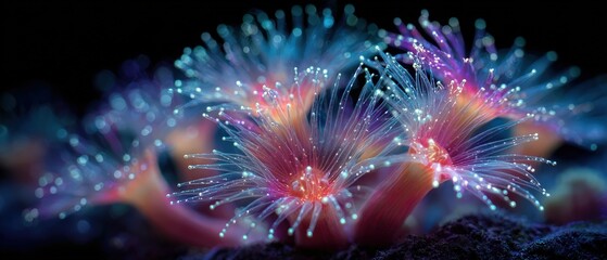 Vibrant Underwater Coral Scene with Glowing Bioluminescent Sea Anemones Displaying Vivid Blues and Pinks in a Mesmerizing Ocean Landscape  Coral reef