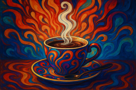 Abstract coffee cup with colorful swirling patterns and steam
