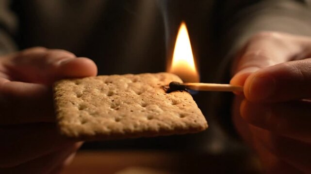 Burning a cracker with a match, showing the flame and smoke against a dark background