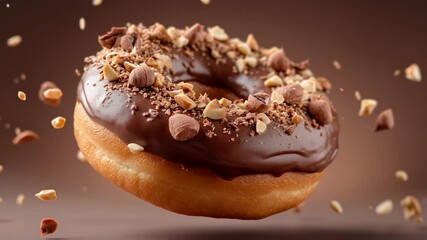 A tempting chocolate donut hovers with an inviting aura, surrounded by a sprinkle of crushed nuts. The warm brown background highlights its sweetness and delicious texture, enticing every viewer