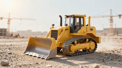 Yellow bulldozer on construction site with cranes