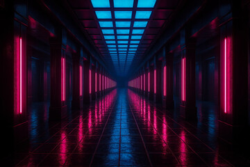 Futuristic neon tunnel with glowing blue and red geometric lines
