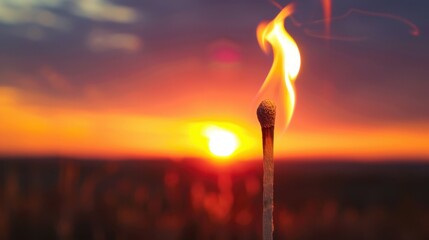 A lit matchstick with a flame against a vibrant sunset background. The scene captures the contrast between fire and the colorful sky.