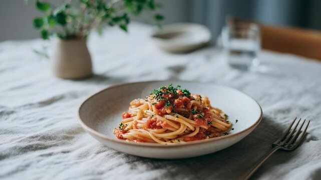 A beautifully plated pasta marinara showcases vibrant sauce and fresh herbs, set on a delicate table with soft lighting. This artistic meal invites a moment of culinary joy