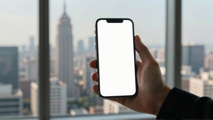 Hand holding smartphone with blank screen against city skyline