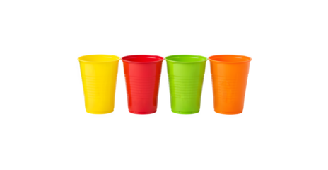 A line of five colorful plastic cups