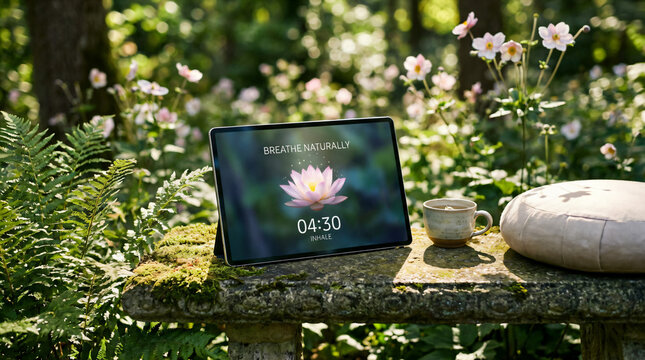 AI-Generated image of Tablet with Meditation Apps in Garden. Surrounded by lush greenery, blooming flowers, and a stone lantern, the scene evokes calm and mindfulness.