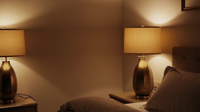 Two matching ambient bedside table lamps with warm glowing shades illuminate a dimly lit modern bedroom interior, creating a cozy evening atmosphere for relaxation and sleep.