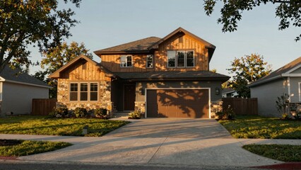 Suburban home with wooden siding and stone accents