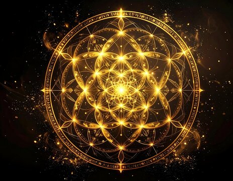Glowing golden geometric mandala with bright, intricate, ornate designs