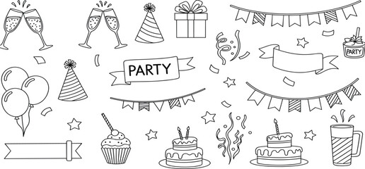 A festive party scene with cake, balloons, and decorations viewed from the front.