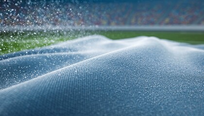 Close-up of a blue textured surface covered in water droplets or frost, with a blurred sports field and stadium in the background.