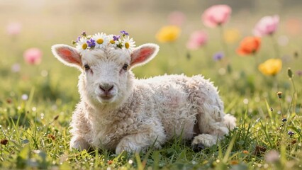 Lamb resting with flower crown in meadow