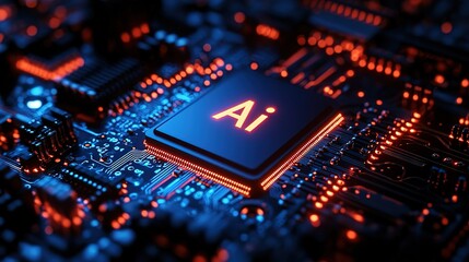 Obraz premium Close - up of AI Chip on Circuit Board with Neon Illumination