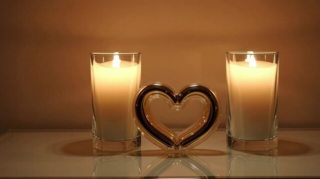 Two glowing white pillar candles in clear glass holders flank a reflective golden heart decoration, creating a warm, romantic ambiance for special occasions.