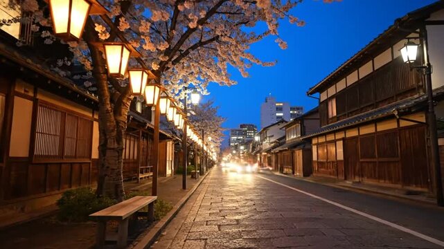Tranquil night scene of traditional Japanese street with blooming cherry blossoms and illuminated lanterns