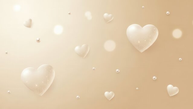 Beige background with shimmering 3d hearts and pearl accents for love - Powered by Adobe