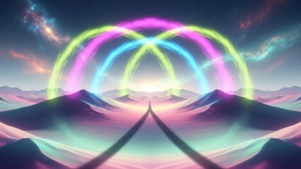 Obraz premium surreal digital landscape with glowing rainbow arches illuminating mountainous terrain and vibrant