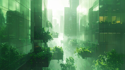 Futuristic skyscraper city with vertical forest and glass buildings. Concept for sustainable architecture, biophilic design, eco-urbanism, green technology, environment and future city life assets.
