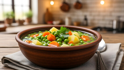 Hearty vegetable soup with potatoes and peas, a healthy and comforting meal