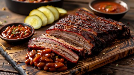 Sliced brisket with baked beans and pickles on a wooden board ready to be served and enjoyed now
