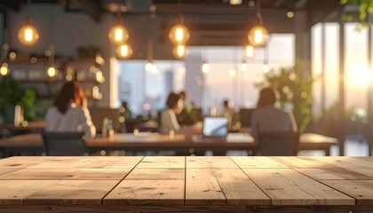 A cozy workspace with wooden table and warm lighting, people engaged in collaborative tasks