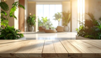 A sunlit interior space featuring wooden flooring, greenery, and cozy seating arrangements