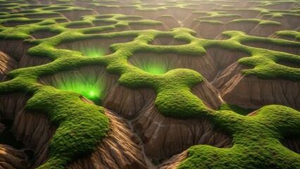 Surreal landscape of lush green moss-covered craters illuminated with glowing green light