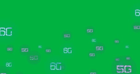Animation of 5g and 6g text on multiple blue and purple bubbles on black background - Powered by Adobe