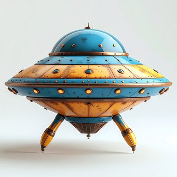 A retro-styled, weathered, flying saucer illustration, posed on a white background