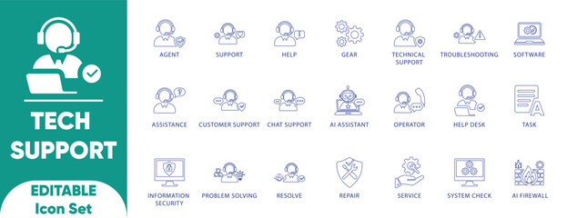 Tech Support and Customer Service Line Icon Set featuring Agent, AI Assistance, Troubleshooting, Help Desk, Information Security, and System Repair Symbols for IT Vector Design.